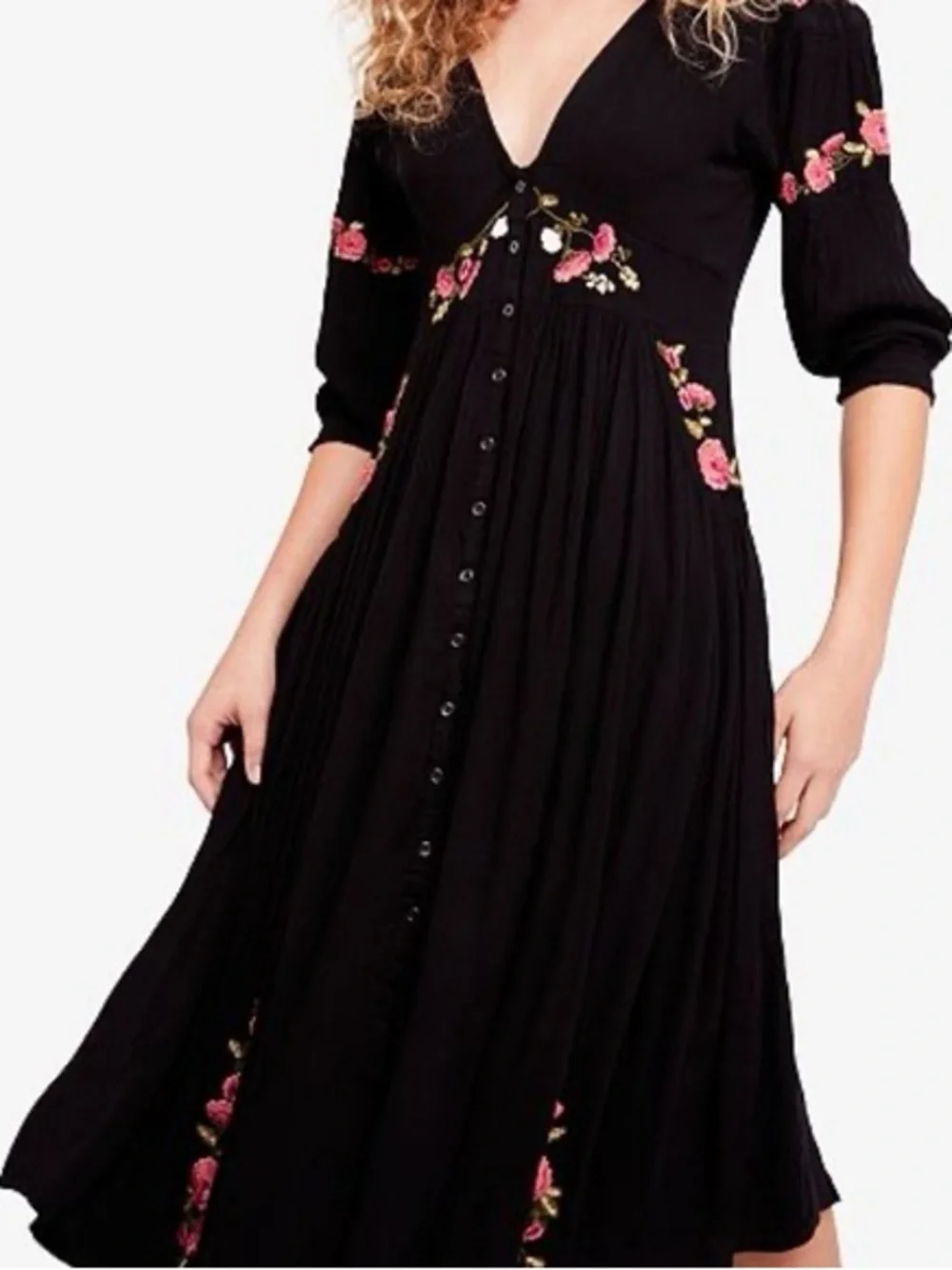 Free People Day Flow Black Floral Embroidered Midi Dress